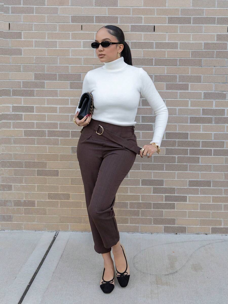 Melissa Matos Pantalones de cintura alta de unicolor para mujer - Café integral - Ver 1