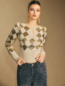 Poéselle Women's Sewater Sequin Knit Sweater – Sparkly Gold Check Slim-Fit Pullover For Womensequin Sweater Women Argyle Knit Top Sparkly Holiday Sweater Metallic Knitwear Festive Party Glitter Fashion Fashionable Commuter Beaded Slim Fit Knit Sweater Women's Winter Sweaters Winter Valentine's Day Christmas Party New Year Glitter Top Sparkly Top