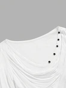 ROMWE Camiseta de manga larga de mujer versátil de unicolor con cuello en V profundo y holgado, estilo patchwork y acampanado, de la era Y2K - Blanco - Ver 3