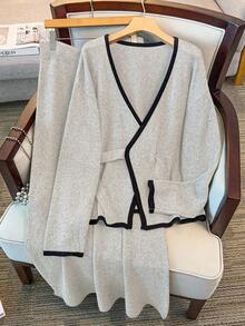 GlowEve CURVE Set Sweater Rajut Kasual Wanita Ukuran Besar, Musim Gugur/Musim Dingin - Aprikot - View 1