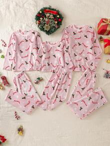 2pcs/Set Young Girls' Christmas Candy Cane Print Fleece Pajamas,Soft&Comfortable Pullover Sleepwear Pink Holiday Autumn Family Matching Fall Winter - Pink - View 3