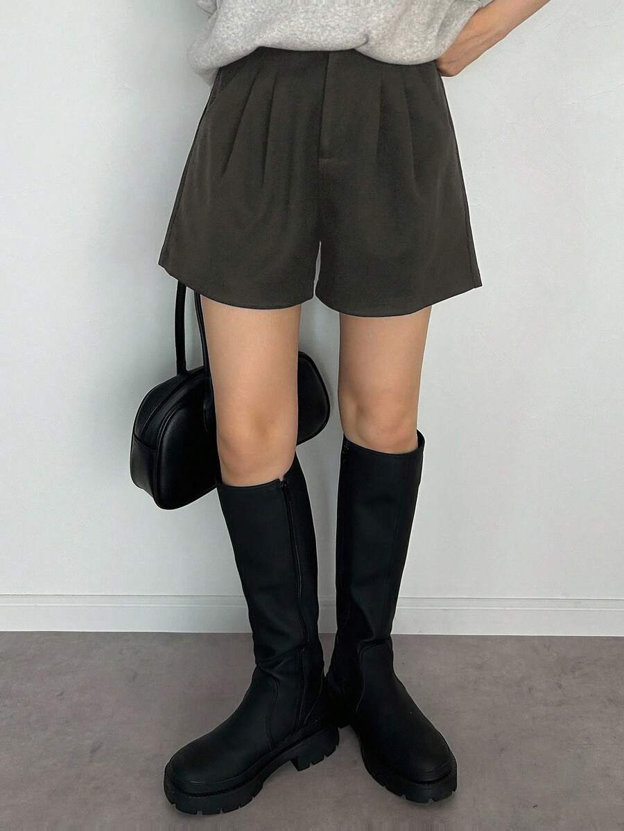 FRIFUL 女士黑色纯色褶裥休闲百搭短裤，秋冬款 - 灰色 - 查看 1