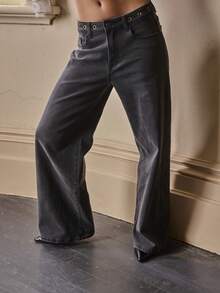 Aralina High Waist Straight Leg Denim Jeans Vintage Metal Button Wide Leg Casual Street Style Pants - Black - View 6