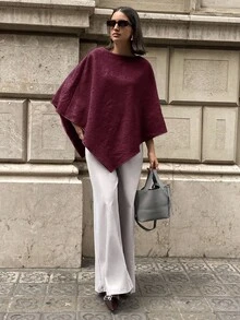 Aloruh 秋冬女士优雅斗篷式纯色大衣 - 酒紅色 - 查看 5