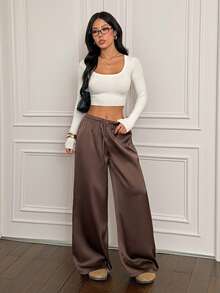 SHEIN PETITE 女式低腰休闲复古缎面百搭棕色麻灰色长裙