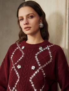 Arave Women's Loose-Fitting Floral Velvet Sweater With Beaded And Sequined Design, Perfect For A Modern Party Look, Winter Clothes For Women,  . - Burgundy - View 5