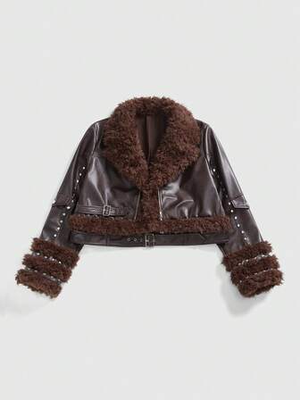 ROMWE Avant معطف جلد بني بتصميم كلاسيكي رجعي، معطف فرو اصطناعي مقاس كبير للنساء