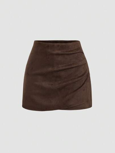 Sweetra Women's Fashionable Vintage Pleated Suede Casual Shorts, Versatile For Daily Commute And Outings, Autumn/Winter