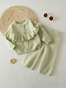 SHEIN Conjunto de 2 peças de suéter cardigan de malha com gola babada e calças retas para bebês meninas, confortável para outono/inverno, verde, moderno e versátil, adequado para uso diário, casa, atividades ao ar livre, viagens - Verde - Ver 7