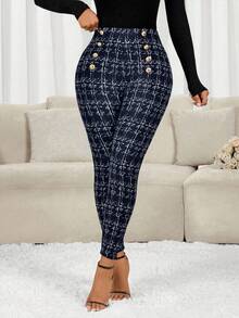 SHEIN Lady Quần legging kẻ caro hai hàng khuy thời trang nữ - Màu xanh hải quân - Xem 3