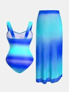 Swim Oasis 大码女式两件套渐变褶皱连体泳衣 - 藍色 - 查看 2