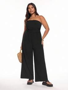 Solavibe Plus Size Ruched Solid Color Strapless Jumpsuit For Summer Casual Wear - Black - View 1