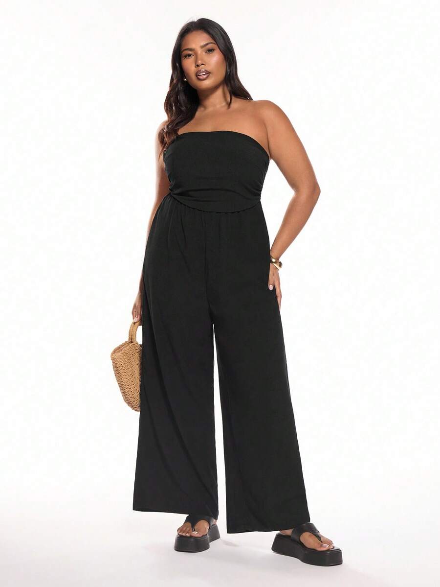 Solavibe Plus Size Ruched Solid Color Strapless Jumpsuit For Summer Casual Wear - Black - View 1