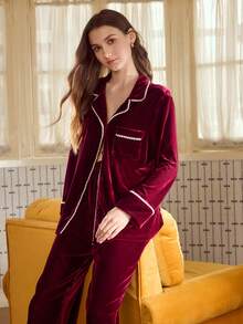 MOTF PREMIUM VELVET FAUX PEARLS TRIM LAPEL COLLAR SHIRT & PANTS PAJAMA SET - Burgundy - View 6