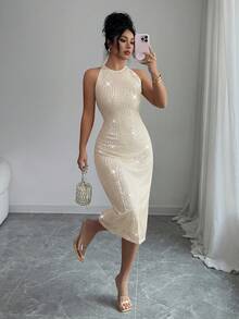 Elenzga 女士法式浪漫西西里优雅休闲通勤度假下午茶圣诞派对奢华亮片圆领无袖修身中长连衣裙，春/秋/冬 - 香檳色 - 查看 8