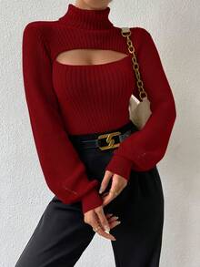 Zolique Women's Solid Color Turtleneck Long Sleeve Hollow Out Fashionable Sweater, Autumn/Winter - Red - View 3