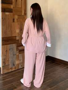Dazy Plus 2pcs/Set Contrast Color Block Thick Loose Drawstring Top And Pants Pajama Set, Casual Sleepwear For Women Plus Size, Fall & Winter Clothes - Pink - View 2