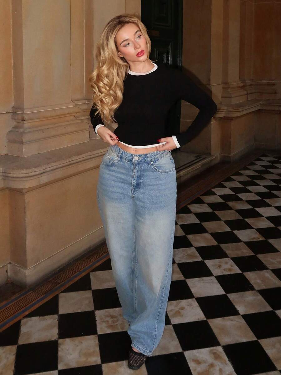 Turnttoni 撞色修身长袖上衣休闲度假机场假日可爱秋季返校秋冬