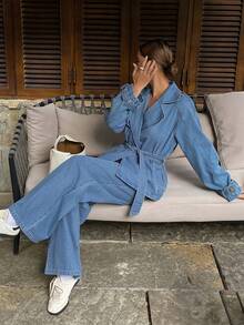 Livesso Women's Lapel Jacket And Loose Fit Jeans Set - Blue - View 5