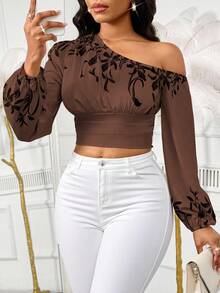 SHEIN Unity 女士时尚斜肩灯笼袖松紧袖口收腰上衣，度假花卉印花休闲通勤装 - 彩色 - 查看 1