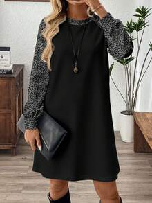 EMERY ROSE Women's Vintage Leopard Print Chic Round Neck Long Sleeve Casual Short Dress, Suitable For Dates, Parties, And Commuting - White - View 3