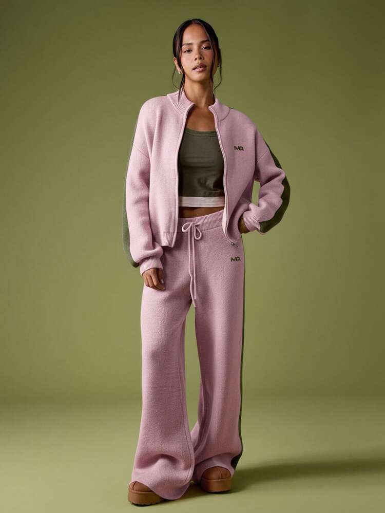 MISSGUIDED Knitted Wide Leg Pants With Green Stripe Detail And Embroidered Logo For Casual Comfort