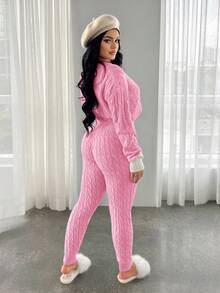 SHEIN SXY 两件套蓝白拼接刺绣针织休闲套装，秋冬款 - 粉色 - 查看 2