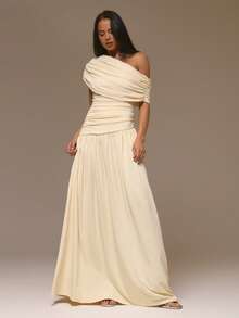 MUSERA Đầm maxi dài dáng suông xếp ly bất đối xứng, eo thắt, phong cách cá tính, dễ thương, thích hợp cho mùa thu, đi chơi, dự tiệc, thanh lịch, mùa xuân hè, kỳ nghỉ, cô dâu, tiệc độc thân, đám cưới. - Màu be - Xem 4