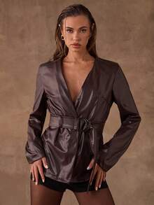 SHEIN BAE Women's Elegant Dark Brown PU Leather Jacket,Autumn Long-Sleeve V-Neck Belted Solid-Color Fashion Jacket For Night Out - Coffee Brown - View 4
