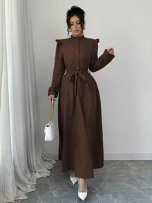 Elenzga 女士纯色荷叶边前襟纽扣长袖休闲长款收腰连衣裙，及地长裙，女装 - 鏽棕色 - 查看 5