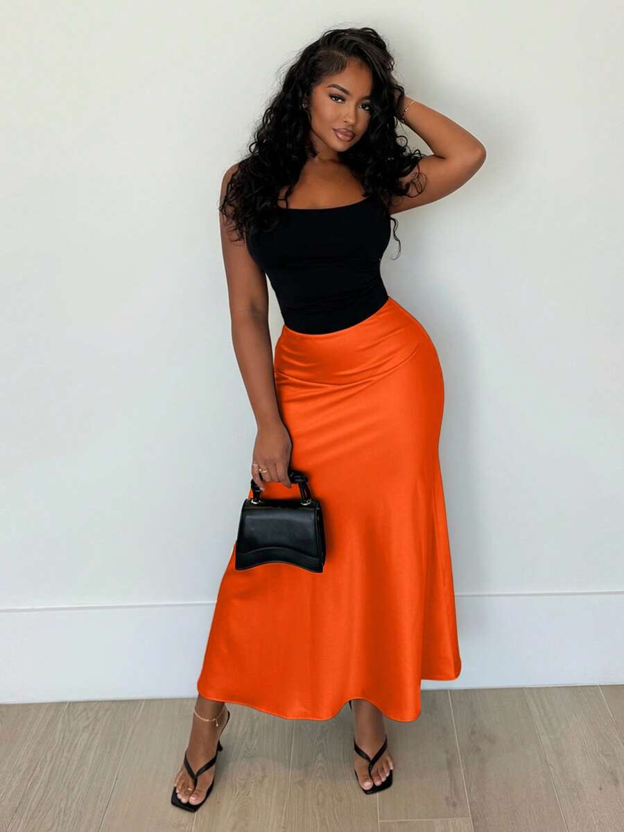 Alexandranx Women's Solid Color High-Waist Long Fishtail Hem Elegant A-Line Skirt - Burnt Orange - View 1