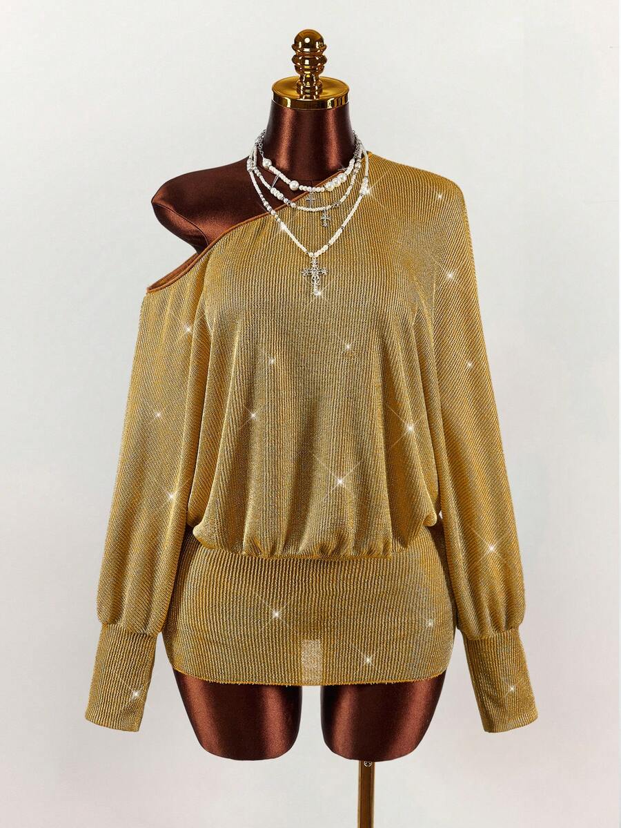 Y2K Amplova Party Tight Shoulder Loose Cover Up Top + Tight Fitting Bodycon Mini Skirt, Women 2-Piece Set Autumn/Winter Thanksgiving And New Year - Gold - View 1