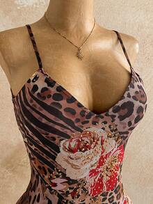 Soleia 新款休闲度假西部海滩婚礼宾客服装毕业早午餐女式连衣裙，优雅波西米亚热带不对称针织网眼棕色玫瑰豹纹连衣裙，适合圣帕特里克节、春假、复活节、音乐节 - 棕色 - 查看 3