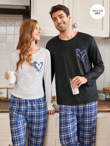 CoupledUp 心形格纹极简休闲长袖上衣和长裤男士睡衣套装，冬季服装 - 黑色 - 查看 1