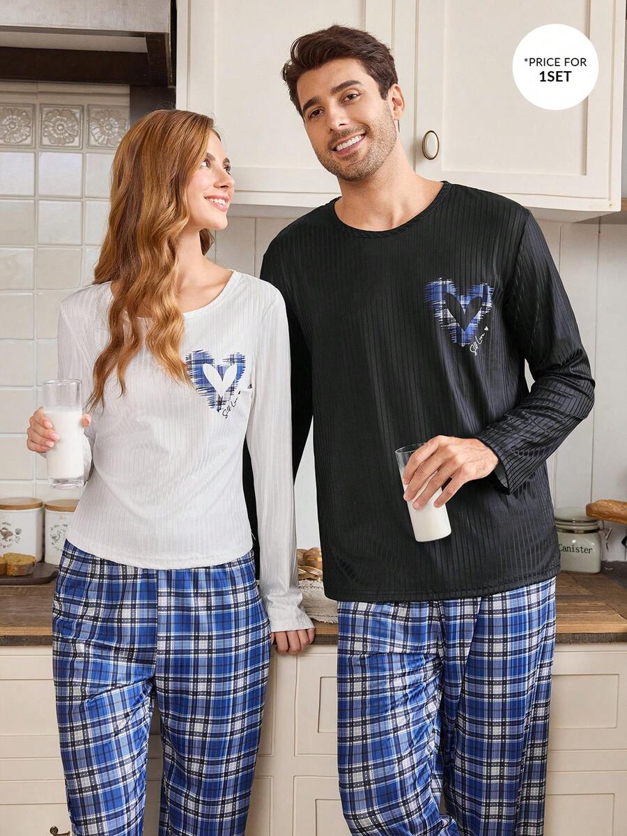 CoupledUp 心形格纹极简休闲长袖上衣和长裤男士睡衣套装，冬季服装 - 黑色 - 查看 1