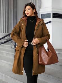 EMERY ROSE 时尚休闲复古优雅舒适撞色拼接腰部收紧棉服外套 - 棕色 - 查看 3