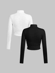 SHEIN EZwear 两件装女士休闲无缝紧身高领长袖T恤，适合秋冬季节穿着，可叠穿，95%棉 - 彩色 - 查看 2