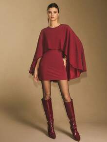 Poéselle Sparkly Red Cape Mini Dress For Women ,Glamorous Asymmetric Cocktail Party Outfit, Elegant Statement Sleeve Evening Wear,Women's Elegant Party Glitter Cape Mini Dress Batwing Sleeve Dress Burgundy Dress Cape Dress Sparkly Dress Red Wine Dress - Red - View 6