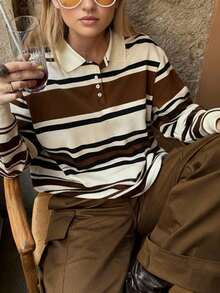 Muvela Women's Loose Fit Striped Long Sleeve Polo Sweatshirt, Retro College Style, Casual Everyday Wear, Comfortable & Minimalist, Suitable For Airport, Lazy Days, Office Autumn Winter Clothes For Women
