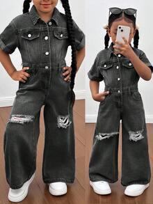 SHEIN 年轻女孩蓝色牛仔破洞衬衫式连体裤，酷炫街头造型 - 黑色 - 查看 2