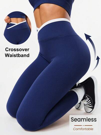 Seamluxe SHEIN Sport 1Pc Seamless Contrast Color Opaque V Crossover High Waisted Leggings Royal Blue Leggings Work Out Bottoms Navy Leggings Blue Leggings Women Workout Spandex Workout Leggings Crossover Leggings Cross Over Leggings Curve Athleisure Curve Yoga Pants