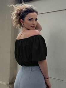 Jeta Ari Women Solid Color Off Shoulder V-Neck Cinching Waist Blouse,Short Sleeve Tops - Black - View 2