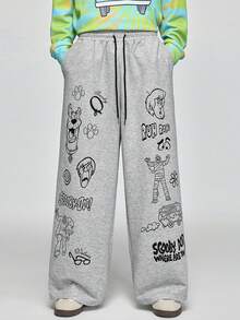 SCOOBY-DOO X SHEIN Men's Casual Sports Letter & Cartoon Graphic Drawstring Waist Wide Leg Sweatpants - Grey - View 1