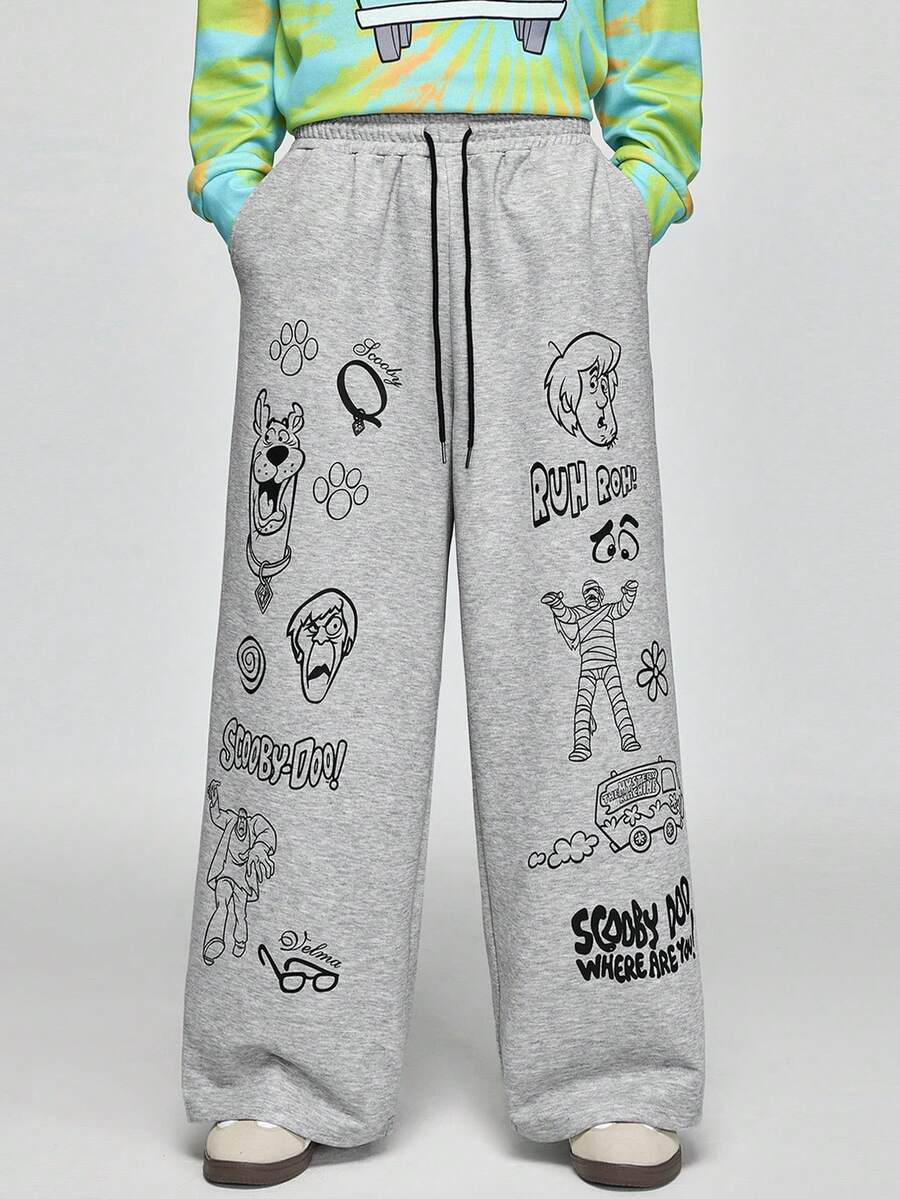 SCOOBY-DOO X SHEIN Men's Casual Sports Letter & Cartoon Graphic Drawstring Waist Wide Leg Sweatpants - Grey - View 1