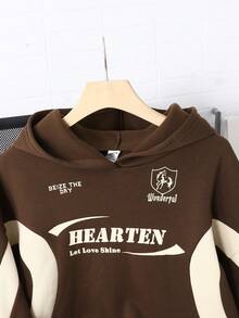 SHEIN Teen Girl Colorblock Letter Print Pattern Loose Casual Sweatshirt - Brown - View 3