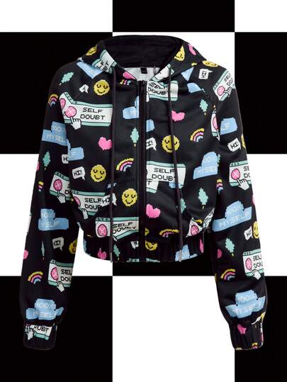 Y2Kool Gaby Katten Sudadera corta sexy con capucha con estampado de cara sonriente y corazón de estilo Y2K arcoíris para mujer