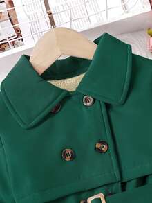 Sparklyn 女童简约双排扣中长款风衣，配腰带，春秋季时尚外套 - 墨綠色 - 查看 3