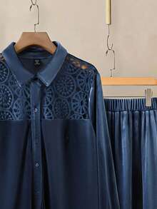 Modelyn 2pcs/Set Plus Size Solid Color Casual Long Sleeve Top And Pants Suit - Blue - View 4