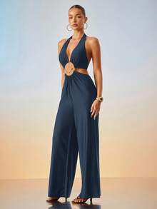 Hauture Bộ đồ liền thân ống rộng gợi cảm cho đêm nghỉ hè của phụ nữ với chi tiết trang trí phía trước - Màu xanh lam - Xem 3