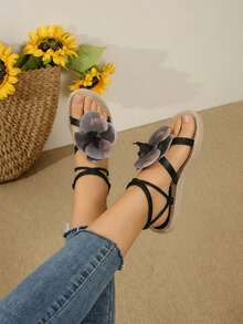 Mujer Sandalia Playa Decorada con Flor Grande Punta Abierta Sin Cordones Suela de Yute Estilo Bohemio para Verano y Vacaciones Sandalias - Negro - Ver 2